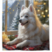 American Eskimo With Christmas Lights Holiday シャワーカーテン (正面)