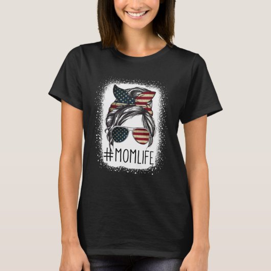 American Flag 4th Of July Mom Life Messy Bun Mothe Tシャツ (正面)