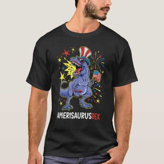 American Flag 4th of July T Rex Dinosaur Amerisaur Tシャツ (正面)