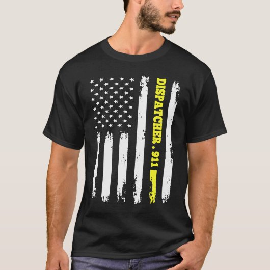 American Flag 911 Dispatcher T gold line USA Flag Tシャツ (正面)