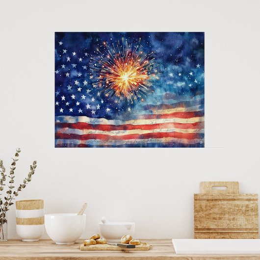 American flag and fireworks. ポスター (キッチン)