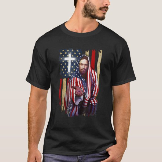 American Flag And Jesus Happy Independence Day 4th Tシャツ (正面)