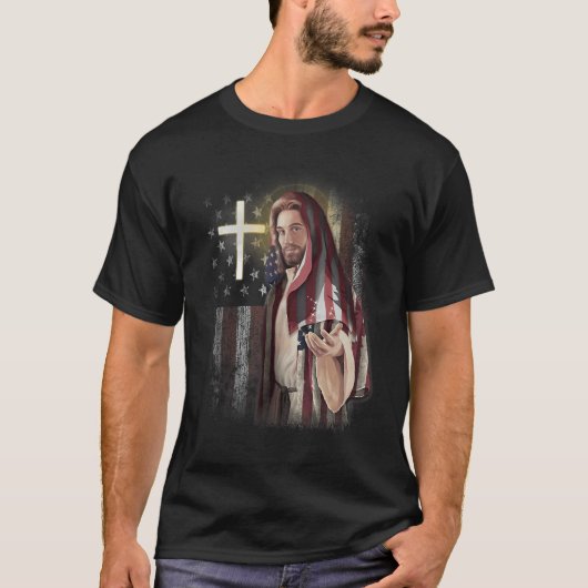 American Flag And Jesus Happy Independence Day 4th Tシャツ (正面)