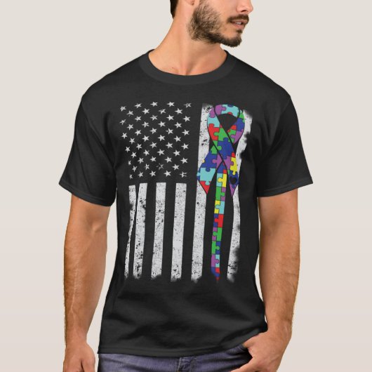 American Flag Autism Awareness Teacher Mom Support Tシャツ (正面)