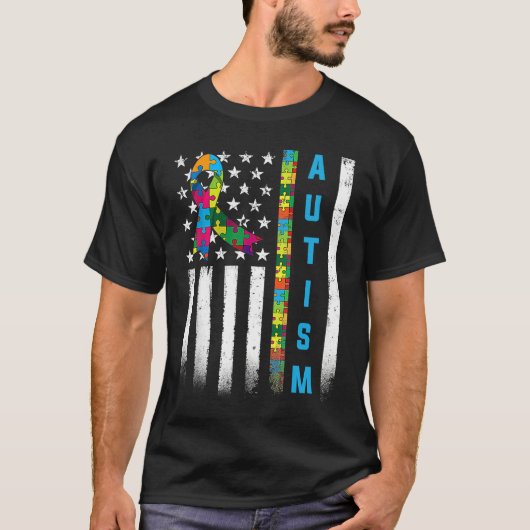 American Flag Autism Awareness Teacher Mom Support Tシャツ (正面)