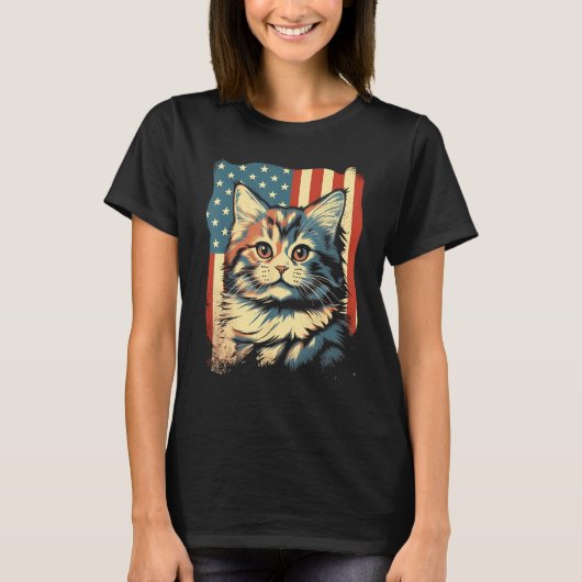 American Flag Cat 4th Of July Kitten Patriotic Pet Tシャツ (正面)