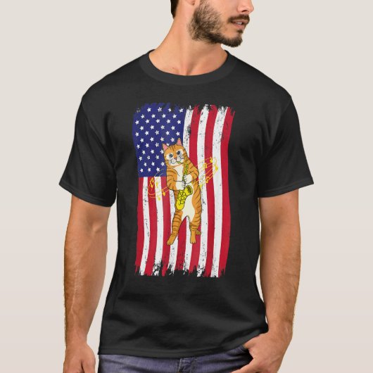 American Flag Cat Playing Saxophone Cat Tシャツ (正面)