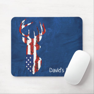 American Flag Deer On Blue Leather マウスパッド