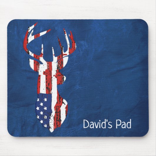 American Flag Deer On Blue Leather マウスパッド (正面)