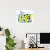 American Flag Desert Wildflowers Watercolor Sky ポスター (ホームオフィス)