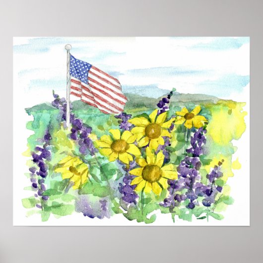 American Flag Desert Wildflowers Watercolor Sky ポスター (正面)