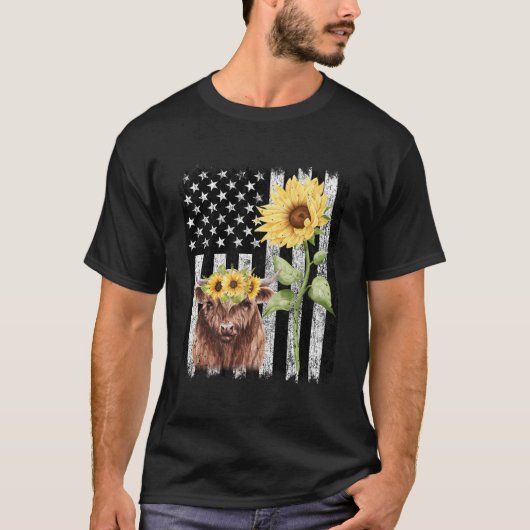 American Flag Farm Cow Farming Highland Tシャツ (正面)