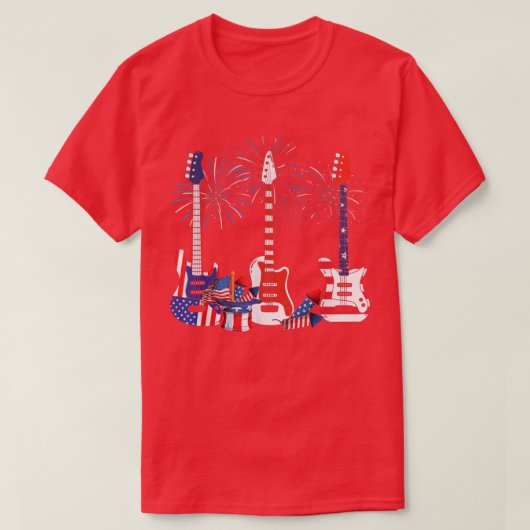 American Flag Fireworks Bass Guitar Funny 4th Of J Tシャツ (デザイン正面)
