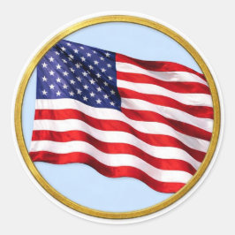 American Flag Gold Trim Round Sticker – Patriotic ラウンドシール