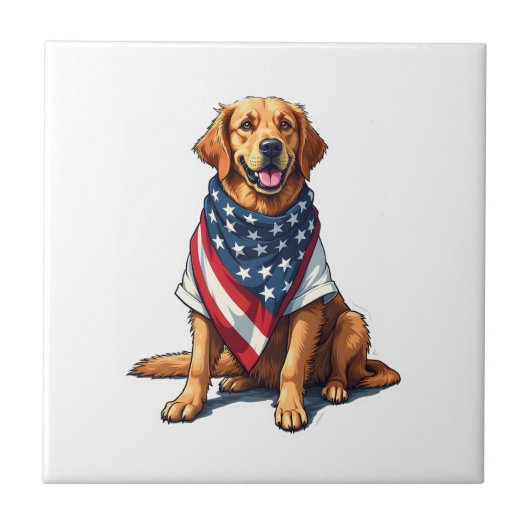 American Flag Golden Retriever Engraved Dog Lover  タイル (正面)