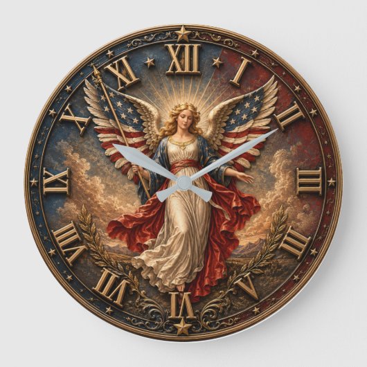 American Flag Guardian Patriotic Angel ラージ壁時計 (正面)
