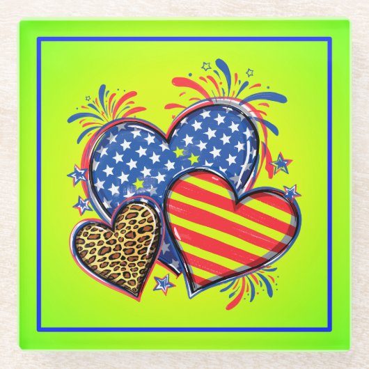 American Flag Heart Leopard Sublimation-64210 ガラスコースター (正面)