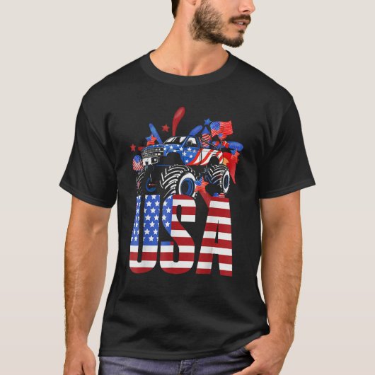American Flag Monster Truck 4th Of July USA Patrio Tシャツ (正面)