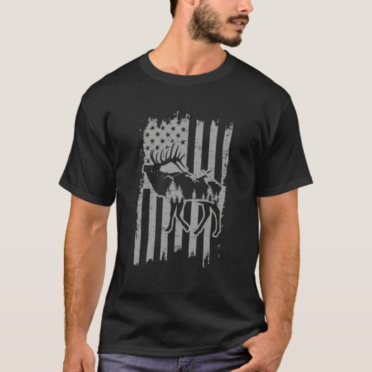 American Flag Moose Alaska Specie Wild Animal Hunt Tシャツ (正面)