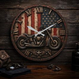 American Flag Motorcycle Patriotic Biker Garage De ラージ壁時計