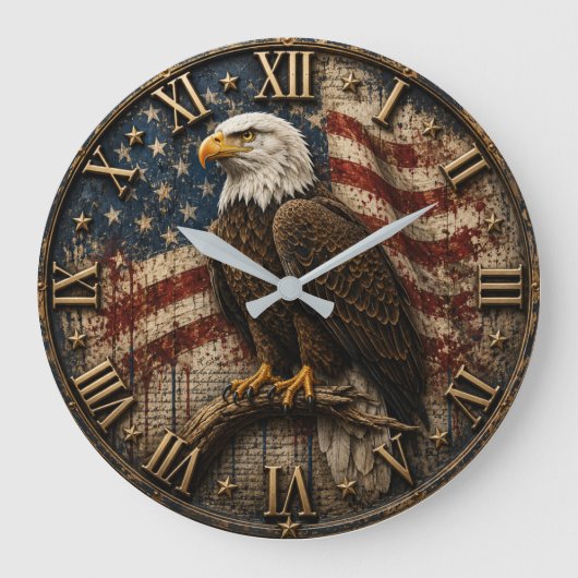 American Flag Patriotic Bald Eagle ラージ壁時計 (正面)