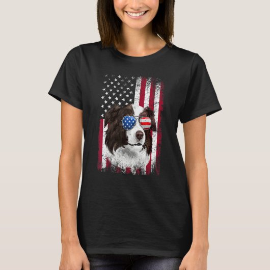American Flag Patriotic Border Collie Dog  4th Of  Tシャツ (正面)
