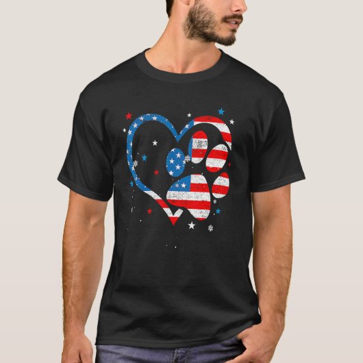 American Flag Patriotic Dog & Cat Paw Print 4th Of Tシャツ (正面)