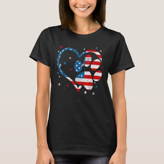 American Flag Patriotic Dog & Cat Paw Print 4th Of Tシャツ (正面)