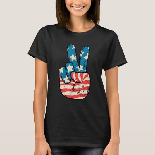 American Flag Peace Sign Hand 4th of July Patrioti Tシャツ (正面)