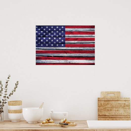 American Flag Rustic Wood ポスター (キッチン)