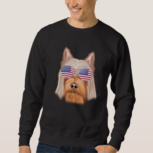 American Flag Silky Terrier Dog America Pocket スウェットシャツ (正面)