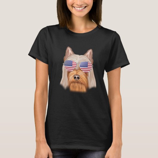 American Flag Silky Terrier Dog America Pocket Tシャツ (正面)
