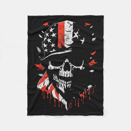 American Flag Skull Soldier Patriotic Military Gra フリースブランケット (正面)