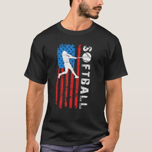 American Flag Softball Dad Sport Player Happy Fath Tシャツ (正面)