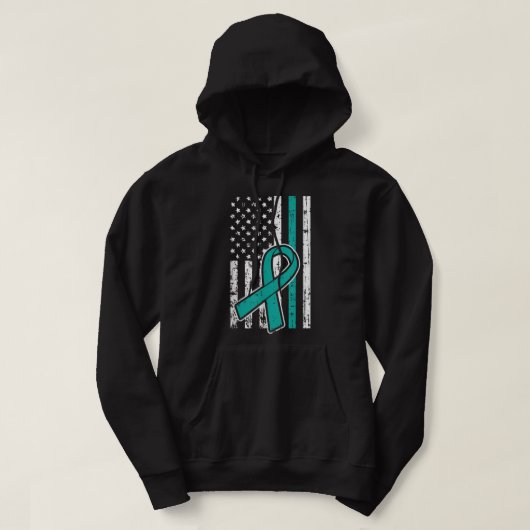 American Flag Teal Ribbon Cool Ovarian Cancer Awar パーカ (デザイン正面)