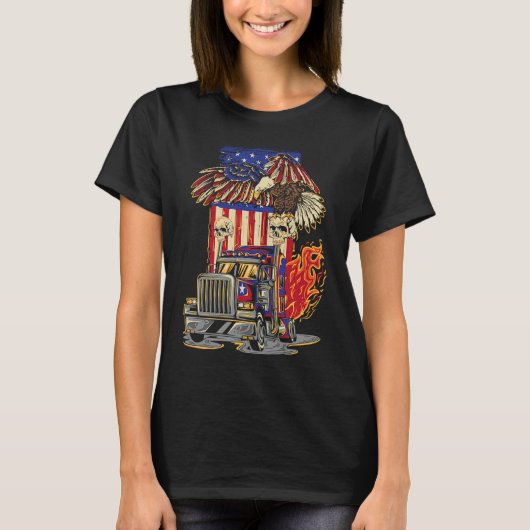American Flag Truck Driver Trucker 4th of July Eag Tシャツ (正面)