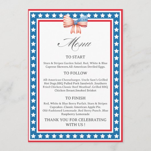 American Flag USA Flag Theme Menu Card メニュー (正面)