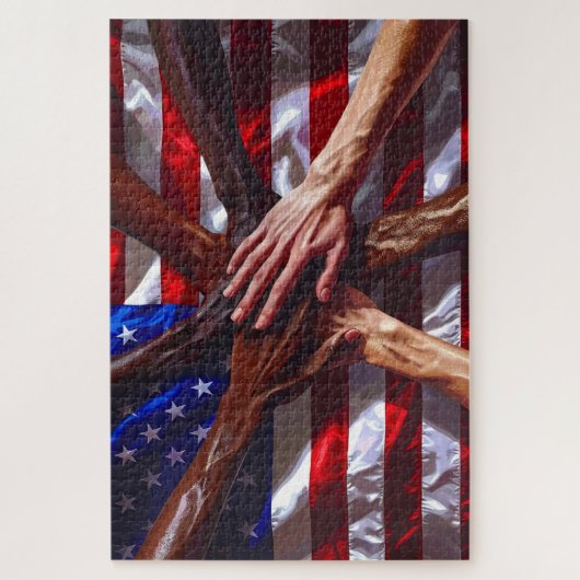 American Flag with hands from various Americans ジグソーパズル (縦)