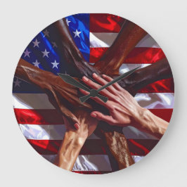 American Flag with hands from various Americans ラージ壁時計