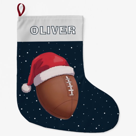 American Football Ball Red Santa Hat Name ラージクリスマスストッキング (正面)