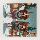 American Foxhound Dogs Christmas Snow Holiday ジグソーパズル (横)