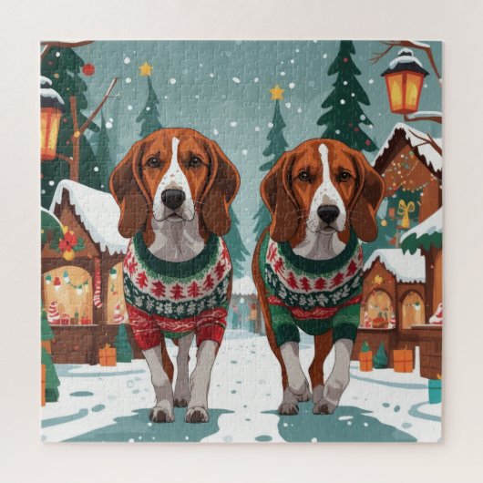 American Foxhound Dogs Christmas Snow Holiday ジグソーパズル (縦)