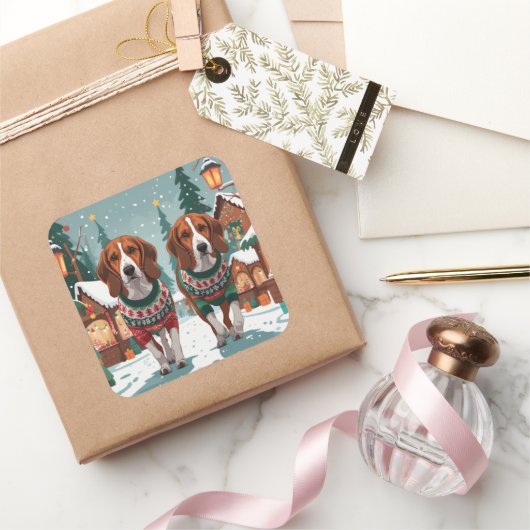 American Foxhound Dogs Christmas Snow Holiday スクエアシール (ギフト)