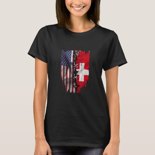 American Grown Swiss Roots USA Switzerland Flag Tシャツ (正面)