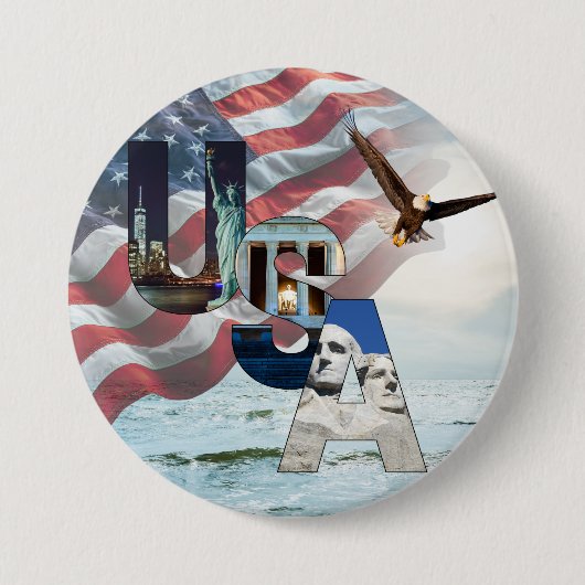 American Landmark USA Flag Sea and Bald Eagle 3" 缶バッジ (正面)