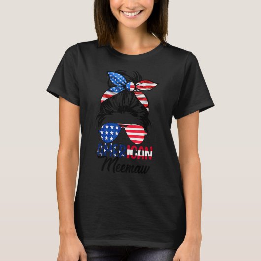 American Memaw Messy Bun Matching 4Th Of July Mee Tシャツ (正面)