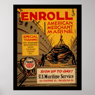American Merchant Marine Enroll Today Vintage WPA ポスター