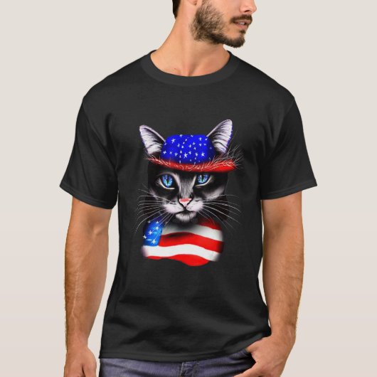American patriot cat independence day 4th july usa tシャツ (正面)