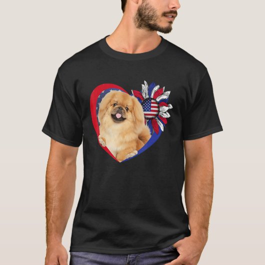 American Pekingese Dog Heart 4th Of July USA Flag  Tシャツ (正面)