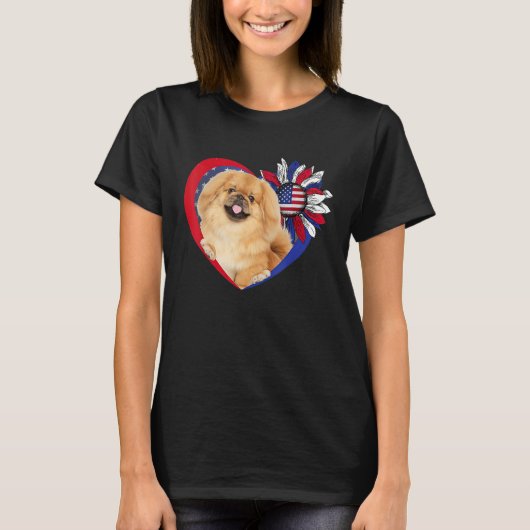 American Pekingese Dog Heart 4th Of July USA Flag  Tシャツ (正面)